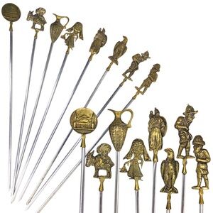 Vintage Turkish Greek Inoxidable Brass Steel Shish Kabob Skewers BBQ Set Of 8
